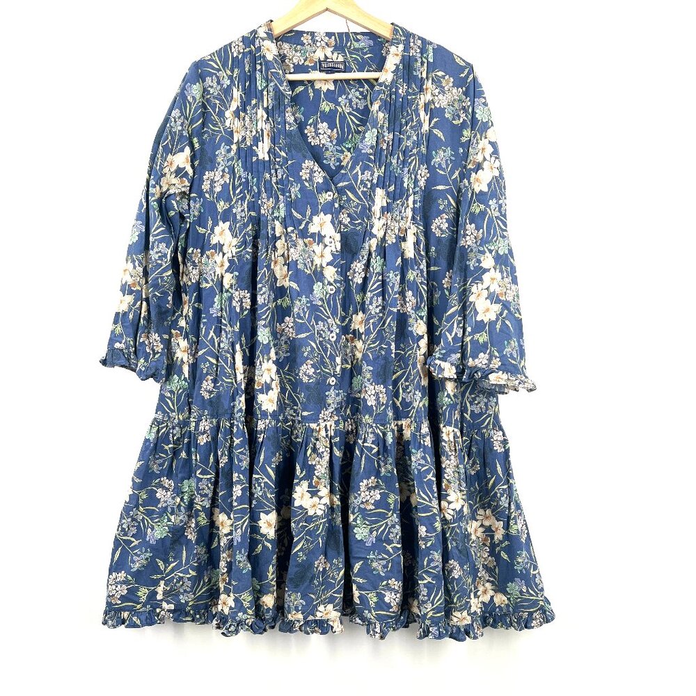 Vilebrequin floral a-line mini dress pintuck ruffle boho Paris France blue M